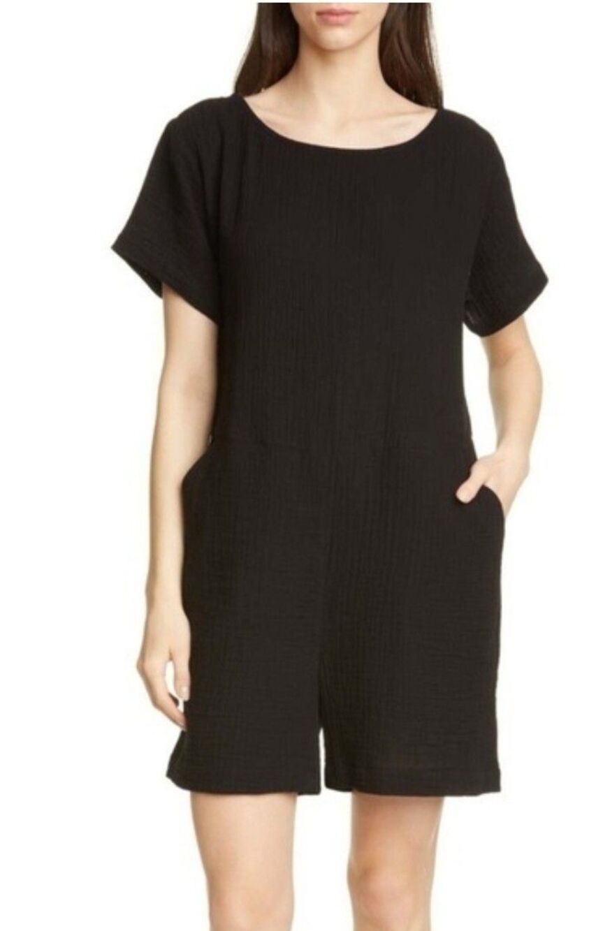 Eileen Fisher System Organic Cotton Boat Neck Gauze Romper In Black. Size XS